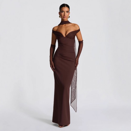 2025 Wholesale Sexy Unilateral Shoulder Open Back Long Dress with Asymmetrical Ruffles and Tight Bodycon for Women in Cross-border