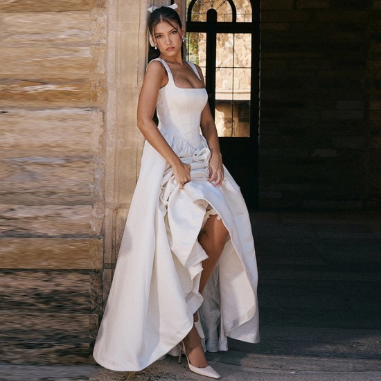 Cross-border Foreign 2025 New Women's Fashion Sexy V-Neck Transparent Open-Back Bridal Dress with Stripes and Flowing Edges for Wholesale