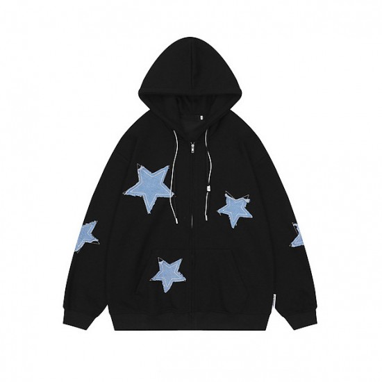 Spot-on wholesale of European and American American-style retro star patch hoodie for autumn, loose and casual couple's cardigan coat