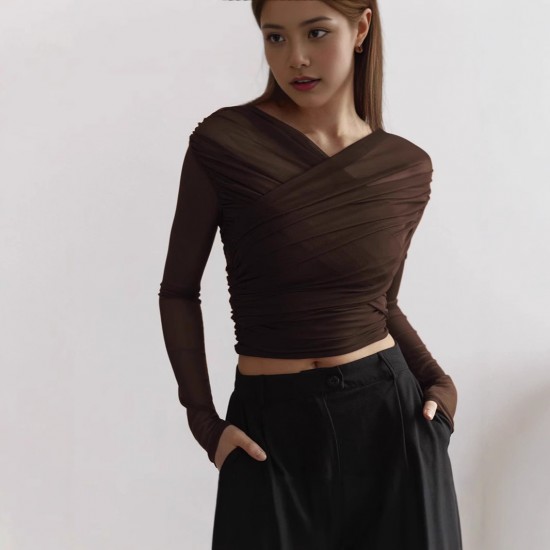 Spot-on wholesale of 2025 European and American foreign trade summer classic style sleeveless net fabric elegant pleated long-sleeved T-shirt for women