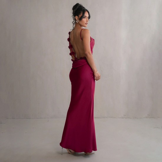 2025 cross-border summer satin, elegant halter-neck, backless, sexy, slim-fitting evening dress for women, wholesale at low prices.