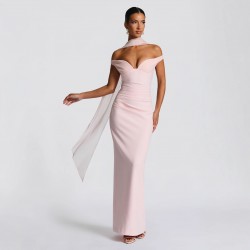 2025 Wholesale Sexy Unilateral Shoulder Open Back Long Dress with Asymmetrical Ruffles and Tight Bodycon for Women in Cross-border