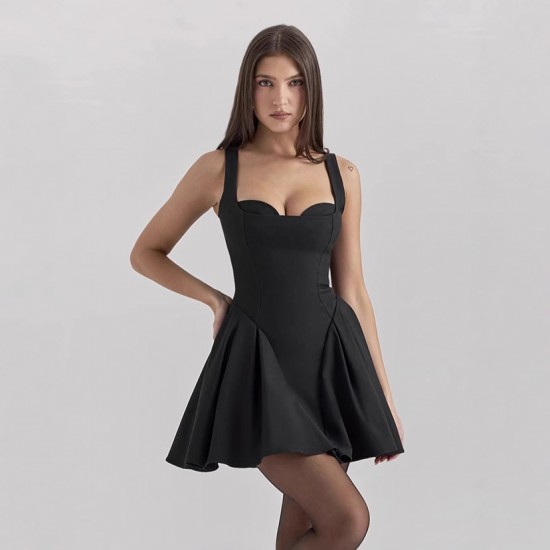 2025 European cross-border women's spring summer elegant sexy strapless V-neck solid color fitted backless short dress