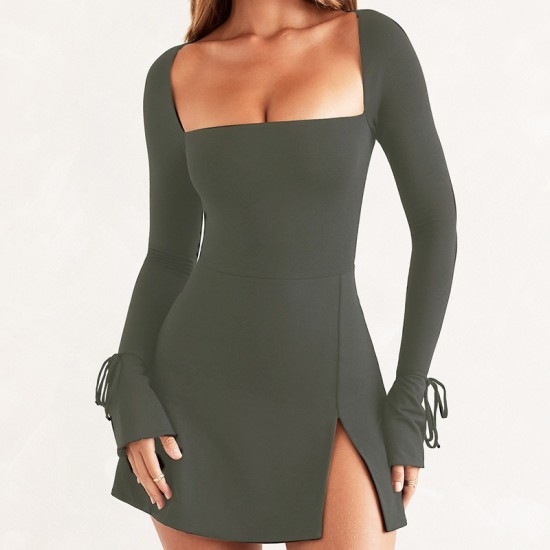 Wholesale of cross-border women's clothing for 2025, featuring a fashionable and sexy dress with a detachable neck strap, long sleeves, and a deep V neckline.