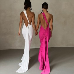 In Stock Cross-border Women's Clothing Fashion Summer Vintage Style T-shirt with Sexy Backless Fishbone and Ruffled Sleeveless Long Dress for Wholesale