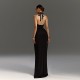 European cross-border summer solid sexy fitted V-neck draped collar high slit dress strap-on women's dress for wholesale
