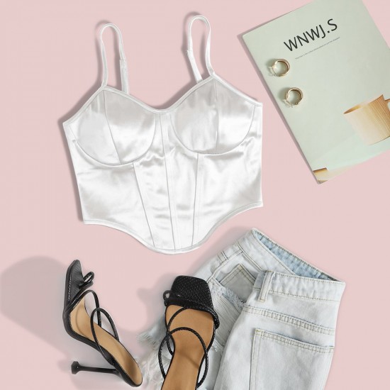 Spot-on wholesale of European and American fashionable satin fabric revealing-chest fitted sheer backless top for summer women's small top