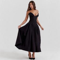 2025 European cross-border spring summer new style sexy wrapped chest elegant V-neck sleeveless evening solid color dress for wholesale