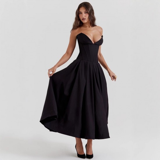 2025 European cross-border spring summer new style sexy wrapped chest elegant V-neck sleeveless evening solid color dress for wholesale