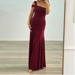 European and American cross-border 2025 summer fashionable elegant solid frill pleated single-shoulder backless dress for women wholesale