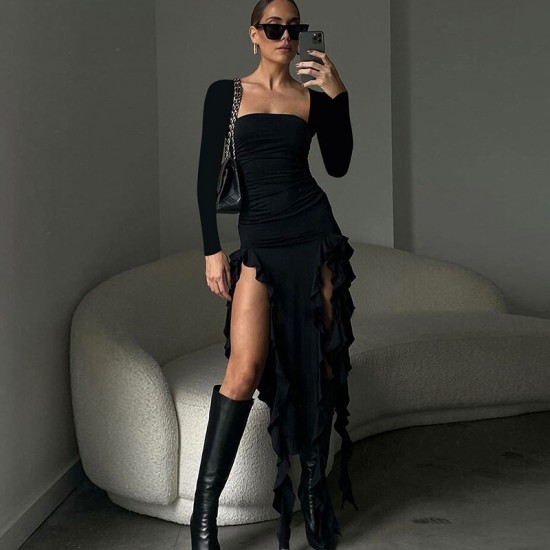 European and American foreign trade 2024 autumn long-sleeved solid color fashionable tassel elegant fitted waist cinched full-buttock dress for women