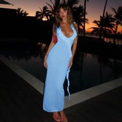 2025 European and American cross-border spring summer new style simple elegant fashionable plain-color low-neck bare-chest fitted dress for women wholesale Cross-border European and American 2024 Autumn Women's Net Scarf-Connected Back See-through Elegant