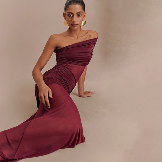 2025 best-selling European style women's summer fashionable single-shoulder frilled solid color fitted dress for women wholesale