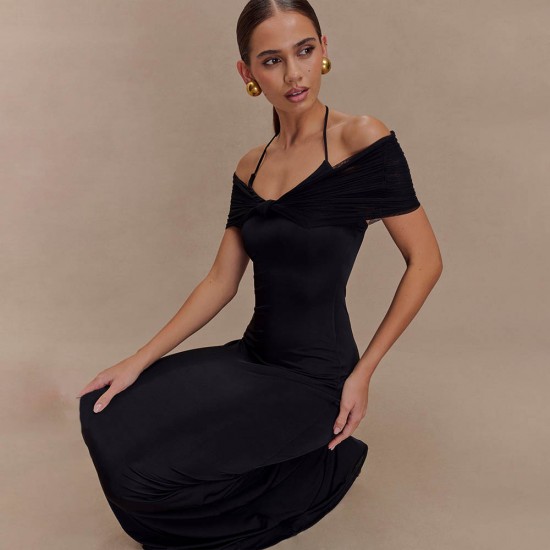 Cross-border 2025 spring/autumn trendy women's clothing, featuring a one-strap neck, figure-hugging, and pleated style.