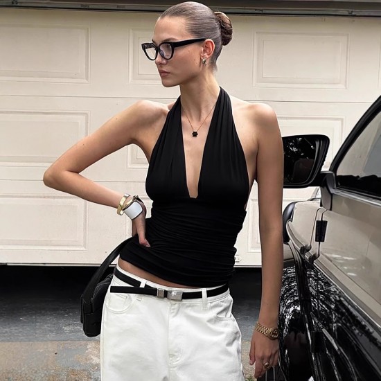 2025 summer new European and American cross-border fashionable evening dress, elegant figure-hugging pure color long dress, stretch one-piece dress New 2025 Foreign Trade Women's Sexy Solid Color U-Neck Backless Slit High-Waisted Midi Dress for Wholesale