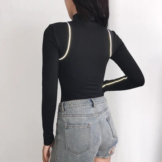 American motorcycle style line-sense hot girl tight zipper patching high-neck long sleeve one-piece for 2024 early autumn women's clothing