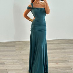 European and American cross-border 2025 summer fashionable elegant solid frill pleated single-shoulder backless dress for women wholesale