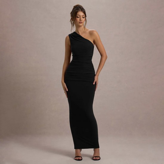 2025 European and American cross-border summer high-end fashionable pleated side-shoulder elegant pure-color fitted dress for women wholesale