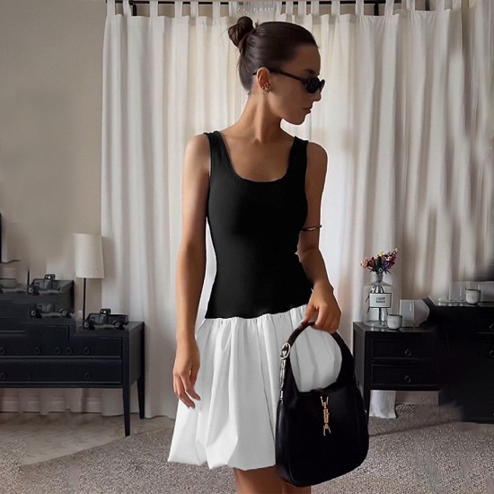 Fulfillment new European summer cross-border women's fashionable fitted patch color street pleated dress for wholesale