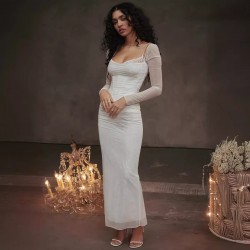 2025 Cross-border Foreign New Seasonal Fashion Sexy V-Neck Transparent Open-Back Bridal Dress with Shaping and Slit for Wholesale