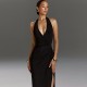 European cross-border summer solid sexy fitted V-neck draped collar high slit dress strap-on women's dress for wholesale