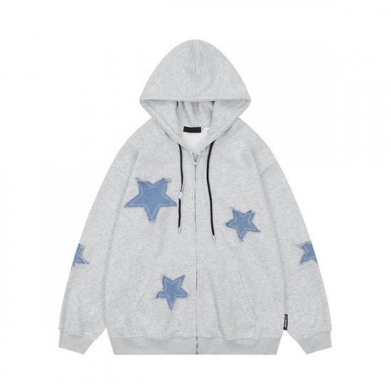Spot-on wholesale of European and American American-style retro star patch hoodie for autumn, loose and casual couple's cardigan coat
