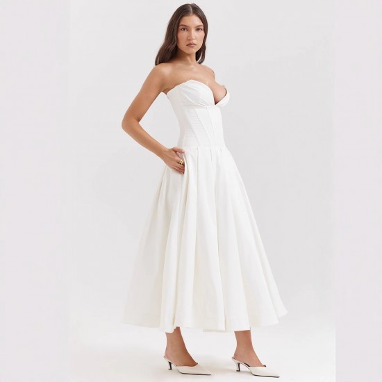 2025 European cross-border spring summer new style sexy wrapped chest elegant V-neck sleeveless evening solid color dress for wholesale