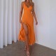 Fulfillment factory direct 2025 summer solid color fitted European style elegant V-neck ruffled slit dress