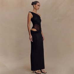 New product 2025 European cross-border sexy elegant solid collarless backless fitted one-shoulder long dress for women wholesale