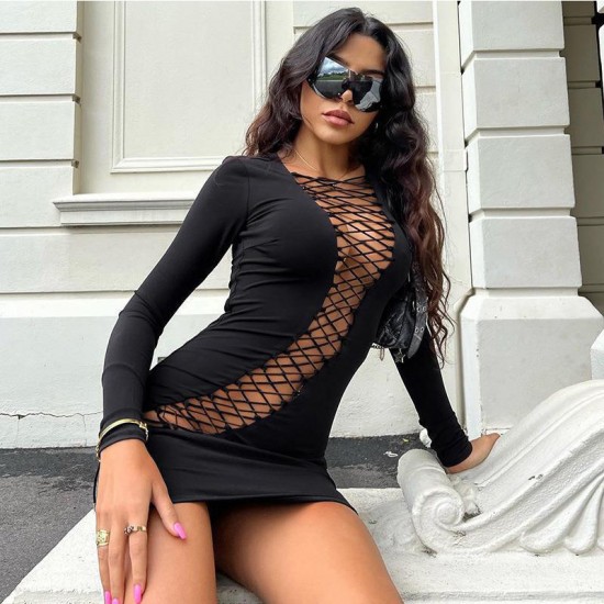 In-stock European and American summer fashionable pure color short dress sleeveless casual top elastic fitted round neck T-shirt women's style wholesale 2023 Spring/Summer New Design Open-Back Cross-Belted Small-Scale Long-Sleeved Base Color One-Piece Pan