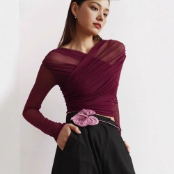 Spot-on wholesale of 2025 European and American foreign trade summer classic style sleeveless net fabric elegant pleated long-sleeved T-shirt for women