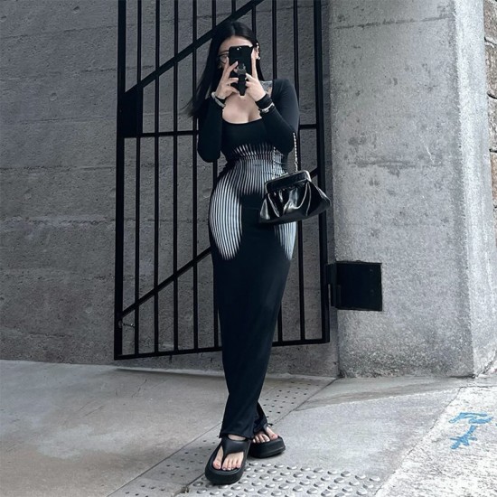 Ready-to-Sell Cross-border European and American Autumn New Style High-neck Long Sleeve High Slit Irregular Shaping Mid-length Solid Color Dress for Wholesale