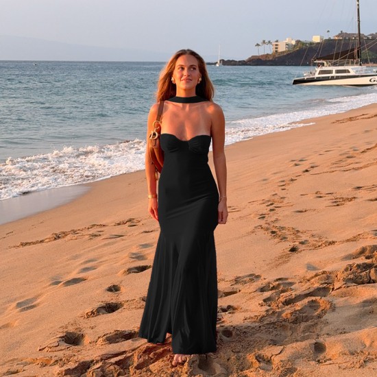 Spot-on wholesale of 2025 new style European and American cross-border autumn-winter side-shoulder fine glitter long-sleeved elegant pleated dress for women