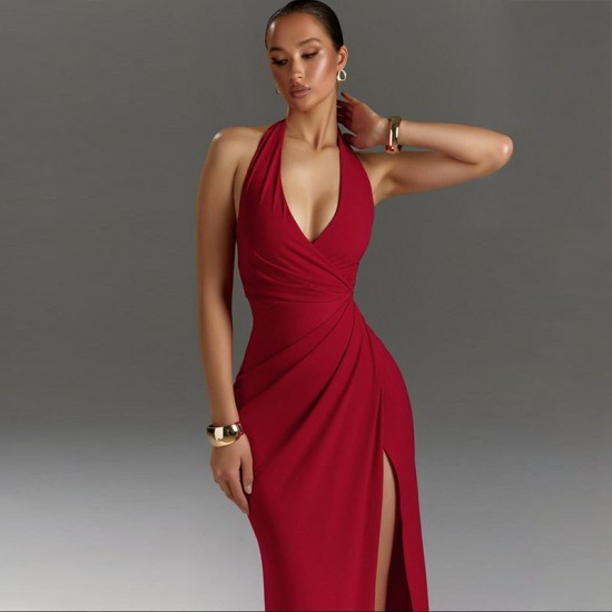 European cross-border summer solid sexy fitted V-neck draped collar high slit dress strap-on women's dress for wholesale