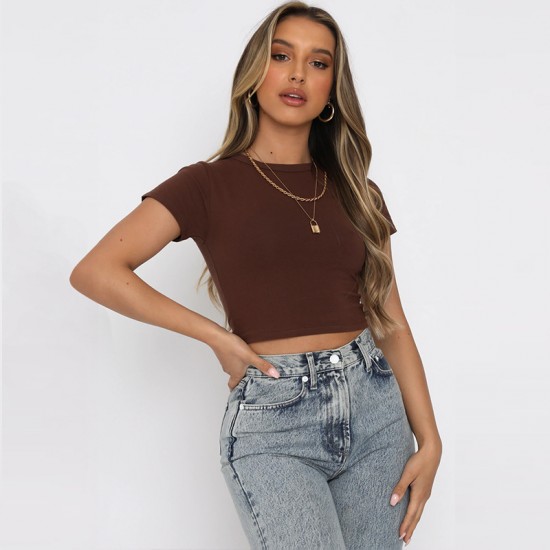 Spot-on wholesale of European and American summer fashionable plain short-style bare-chest casual top with stretch and fit
