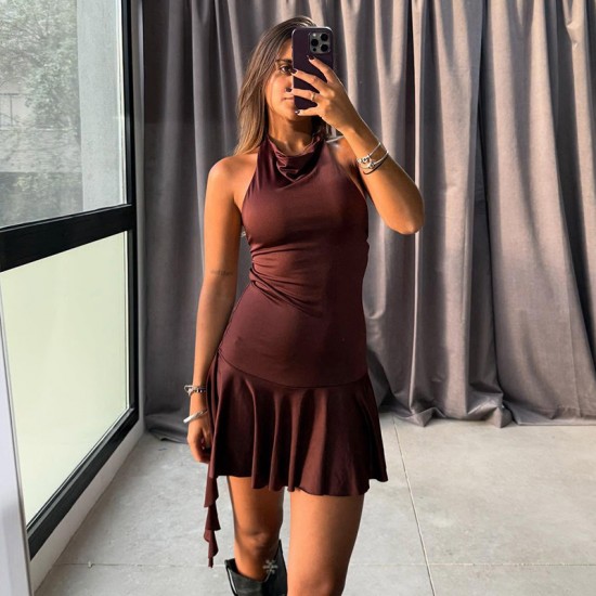 2025 European and American cross-border fashionable elegant solid ruffled slant collar sexy fitted one-shoulder all-covering dress for women wholesale