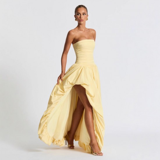 Spot-on wholesale of 2025 summer European and American high-end style plain-color strapless fitted pleated ball gown for women