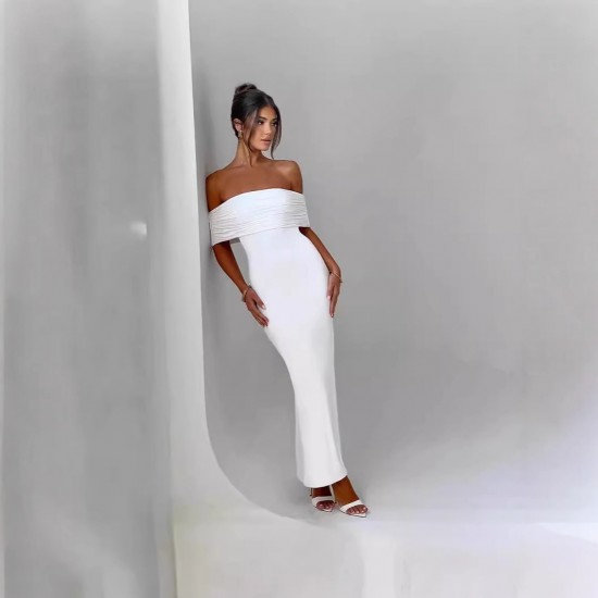 European and American foreign trade 2025 summer collarless pleated strapless deep V elegant backless high slit dress for women wholesale