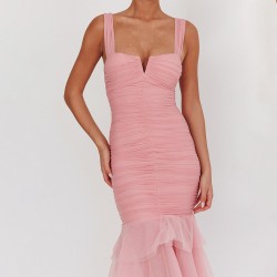 European cross-border 2025 autumn season solid color semi-high collar long-sleeved tie-on sexy elegant fitted long dress for women wholesale