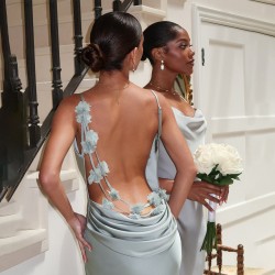 2025 cross-border summer satin, elegant halter-neck, backless, sexy, slim-fitting evening dress for women, wholesale at low prices.