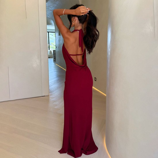 Cross-border Fashion Sexy 2025 Women's Clothing Cross-border New Summer Evening Backless Pure Color Striped Slim Fit Long Dress for Wholesale