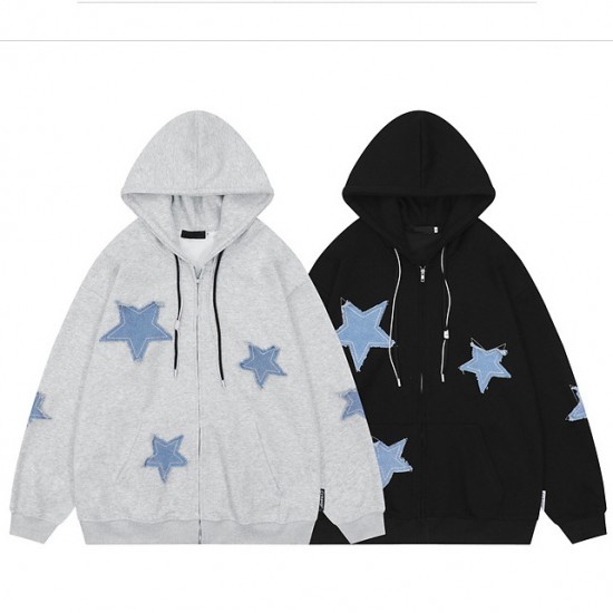 Spot-on wholesale of European and American American-style retro star patch hoodie for autumn, loose and casual couple's cardigan coat