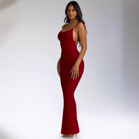 European foreign trade women's best-selling holey strap-on large backless strap-on long sleeve fitted elegant solid color dress wholesale