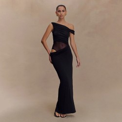 New product 2025 European cross-border sexy elegant solid collarless backless fitted one-shoulder long dress for women wholesale