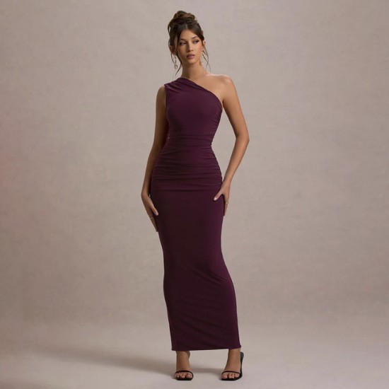 2025 European and American cross-border summer high-end fashionable pleated side-shoulder elegant pure-color fitted dress for women wholesale