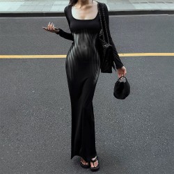 Ready-to-Sell Cross-border European and American Autumn New Style High-neck Long Sleeve High Slit Irregular Shaping Mid-length Solid Color Dress for Wholesale