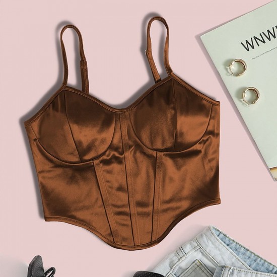 Spot-on wholesale of European and American fashionable satin fabric revealing-chest fitted sheer backless top for summer women's small top