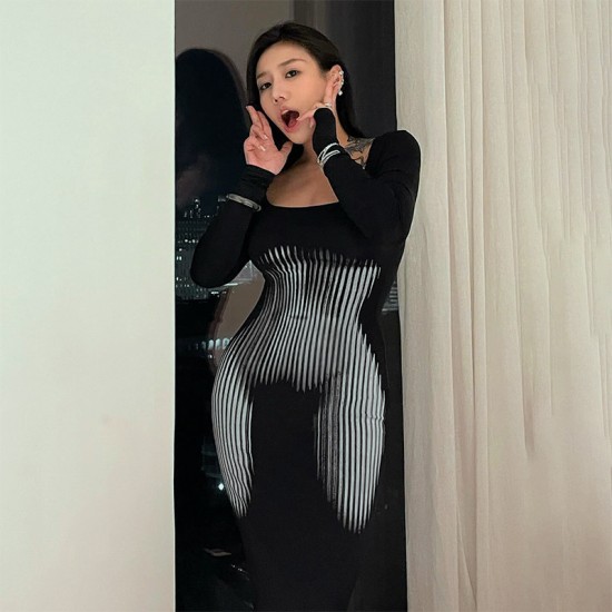 Ready-to-Sell Cross-border European and American Autumn New Style High-neck Long Sleeve High Slit Irregular Shaping Mid-length Solid Color Dress for Wholesale