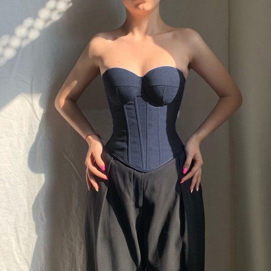 Spot-on wholesale of 2025 European and American foreign trade summer imitation denim style sleeveless fitted sexy strapless top for women