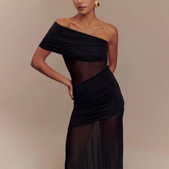 2025 best-selling European style women's summer fashionable single-shoulder frilled solid color fitted dress for women wholesale